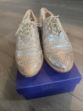 Stuart Weitzman Metallic Rose Gold Brogue Flats